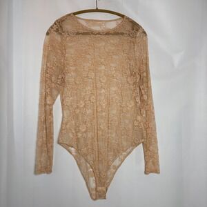 Sheer Lace Bodysuit L/S Tan Floral Mesh Teddy Women's M Romance Coquette Fairy